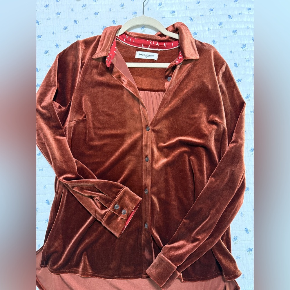 NWOT Women's Boutique Brown Rust Color Velvet Button up Top Size Medium